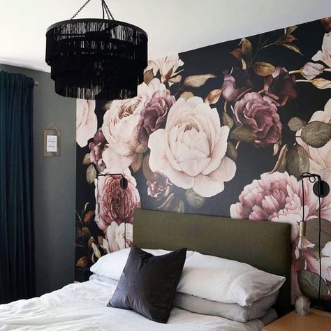 Nothing represents femininity best like flowers. But we don’t mean the real kind just yet, we have a few wallpaper ideas for you first. Image credit: INSTAGRAM @ROCKETTSTGEORGE.CO.UK Feminine Bedroom Design, House Paint Design, Flower Wall Design, Dark Feminine Bedroom, The Dark Feminine, Floral Wallpaper Bedroom, Monochrome Bedroom, Manufactured Home Remodel, Dark Grey Walls