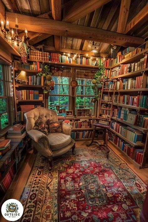 She Shed Library Interior, Rustic Library Ideas, Library Shed Ideas, She Shed Reading Nook, Moody She Shed, Shed Library Ideas, Library She Shed, She Shed Library Ideas, She Shed Library