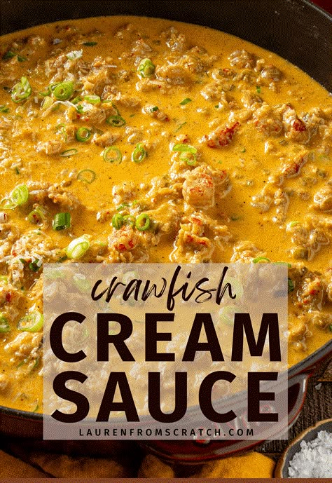 Make your pasta dishes stand out with a Cajun crawfish cream sauce. This creamy sauce is full of flavor and easy to make. It's perfect for a weeknight dinner or a special meal. It's a great way to use up those leftover crawfish. See more Louisiana recipes at LaurenFromScratch.com. Crawfish Cream Sauce Recipe, Crawfish Sauce, Crawfish Dishes, Crawfish Pasta, Cajun Cream Sauce, Blackened Fish, Crawfish Recipes, Cajun Crawfish, Cajun Sauce