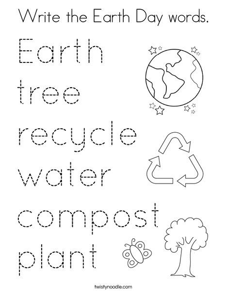 Write the Earth Day words Coloring Page - Twisty Noodle Environment Worksheets For Kids, Earth Day Worksheets, Classroom Objects, Earth Day Coloring Pages, Pre K Curriculum, April Activities, Toddler Lessons, Twisty Noodle, Math Printables