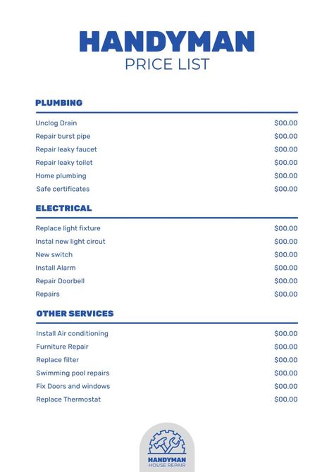 Linear Minimalist House Repair Handyman Services Price List Handyman Services Templates, Handyman Price List, Handyman Advertising, Business Llc, Photographers Price List, Contractor Business, Pressure Washer Tips, Replace Light Fixture, Swimming Pool Repair