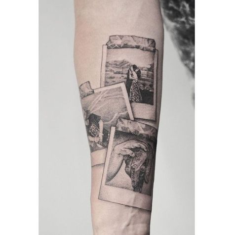 Poloroid Pictures Tattoo Ideas, Tattoos Of Pictures, Tattoo Pictures Ideas, Polaroid Picture Tattoo Ideas, Polaroid Pictures Tattoo, Polaroid Tattoo Sleeve, Polaroid Frame Tattoo, Picture Frame Tattoo Ideas, Poloroid Tattoo Idea