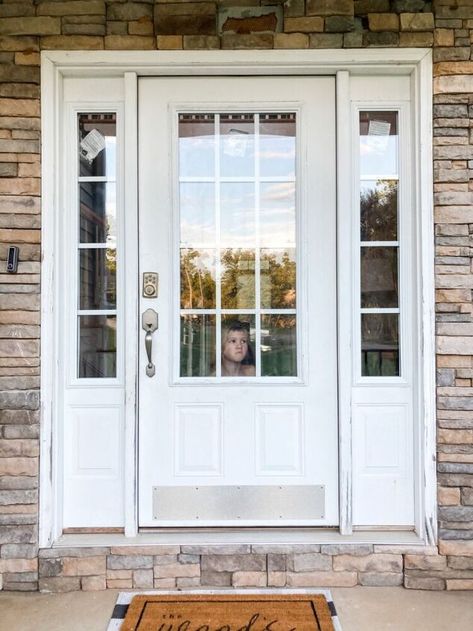 Front Door 3/4 Window, Front Door With 2 Side Panels, Houses With Side Entrances, White Front Door Exterior, Front Doors With Side Lights, White Exterior Door, Full Glass Front Door, Front Door Sidelights, Glass Front Doors