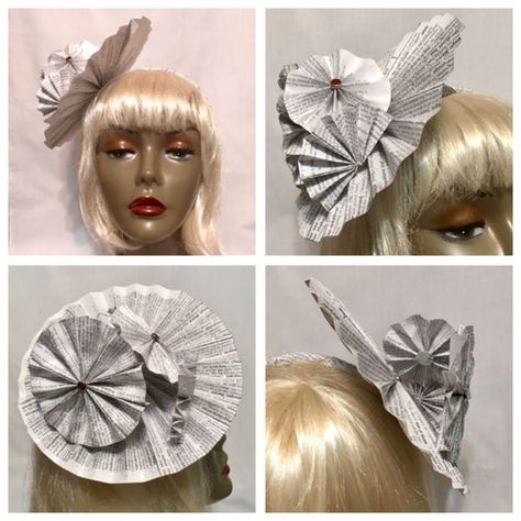 A Diction Fairy fascinator, made with the help of this post: https://pin.it/o5pdsrdjnvkwj5. #fascinator #paperhat #diyhat #diyfascinator #paperfashion #dictionfairy #halloween Paper Fascinator, Newspaper Hat, Diy Fascinator, Recycle Newspaper, Paper Hats, Paper Fashion, Paper Hat, Diy Hat, Hat Ideas