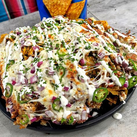 Air Fryer Chicken Bacon Ranch Nachos Pizza Pull Apart Bread, Pizza Pull Apart, Cool Ranch Doritos, Mozzarella Bake, Pull Apart Pizza Bread, Peach Pie Filling, Beef Bacon, Nachos Recipe, Pull Apart Bread