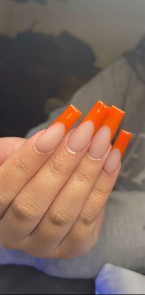 Orange Nails Acrylic French Tip, Orange French Tip Nails Coffin, Orange French Tip Nails Acrylics, Orange Birthday Nails, Plain Acrylic Nails, Ny Nails, Neon Orange Nails, Orange Acrylic Nails, Glitter Nails Acrylic