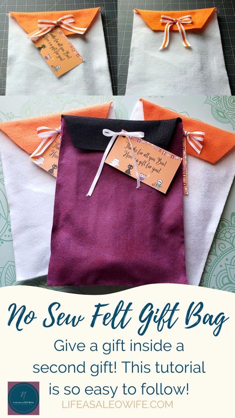 Make these adorable no sew gift bags with sheets of felt. This tutorial is so easy to follow with pictures and a video to help you along the way! You can use these for Christmas, birthdays, & other holidays, and they're basically a second gift! The recipient can use them over & over. I made them for my sons' teachers to put a little Halloween gift in, & they're perfect! Felt Gift Bags Diy, Sew Gift Bags, Diy Goodie Bags, Gift Bag Tutorial, Sew Felt, Halloween Gift Bags, Leo Wife, Kid Halloween, Gift Bags Diy