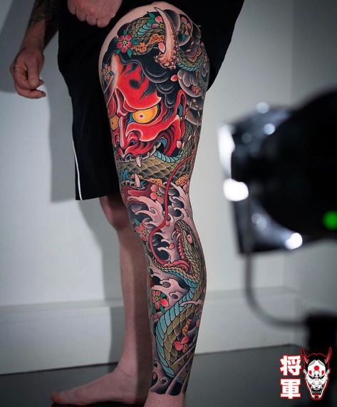 Yakuza Tattoo Leg Sleeve, Ed Hardy Sleeve Tattoo, Leg Sleeve Tattoo Male Japanese, Japanese Leg Sleeve Tattoo Men, Oni Demon Tattoo, Full Leg Tattoo Men, Japanese Leg Sleeve, Japanese Demons, Traditional Japanese Tattoo Sleeve