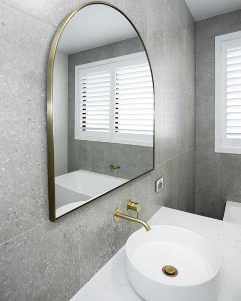 Grey Tile Gold Fixtures, Light Grey Bathrooms, Guest Wc, Grey Bathroom Tiles, Gold Fixtures, Grey Tiles, Gold Bathroom, Grey Bathrooms, Gold Handles