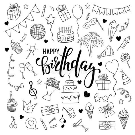 Lettering Happy Birthday, Cartoon Objects, Happy Birthday Doodles, Happy Birthday Drawings, Pen Lettering, Birthday Doodle, Happy Birthday Cards Diy, Brush Pen Lettering, Creative Birthday Cards