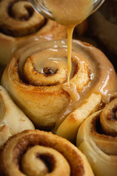 Brioche Cinnamon Rolls with Cream Cheese Toffee Sauce - Rustic Joyful Food Caramel Walnut Cinnamon Rolls, Brioche Cinnamon Rolls, Cinnamon Rolls With Cream Cheese, Cinnamon Rolls With Cream, Cream Cheese Sauce, Caramel Rolls, Brioche Recipe, Toffee Sauce, Dough Ingredients