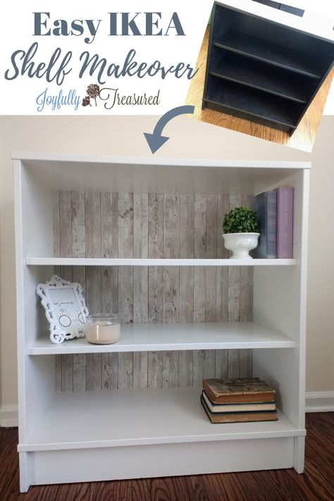 Paint over laminate bookshelf and add a backing for an affordable DIY furniture makeover! #makeover #ikeamakeover #farmhousediy #budgetdecor #homediy #farmhousestyle Contact Paper Bookshelf, Easy Furniture Makeover, Shelf Makeover, Bookshelf Makeover, Ikea Makeover, Diy Furniture Makeover Ideas, Pretty Furniture, Laminate Furniture, Furniture Building