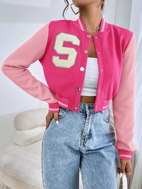 SHEIN EZwear Letter Patched Crop Varsity Jacket | SHEIN USA Cropped Jacket Outfit, Varsity Jacket Outfit, Varsity Jacket Women, Jacket Outfit Women, Winter Outerwear, Casual Vest, Crop Jacket, Casual Jacket, Jacket Outfits