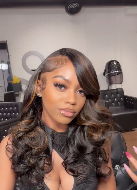 Highlighted Middle Part Sew In, Homecoming Hairstyles Blackgirl, Birthday Hairstyles With Natural Hair, Sew In Hairstyles With Leave Out Color, Sew In Weave With Leave Out Color, Tap Ins Hairstyles, Leave Out Sew In Weave With Color, Senior Pictures Hairstyles Black Women, Sew In Weave With Leave Out Highlights