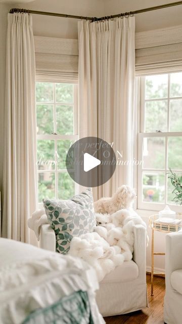 Kinsey Walsh | Home Decor • Design on Instagram: "✨The perfect Amazon Drape + Shade combination! See below for details! ✨

🔗 comment SHOP for links or find them in my Amazon Storefront (under “photos”)

🔸Bay Window Roman Shade Details🔸
🔹 Marble White Cordless Bamboo
🔹 Outside Mount
🔹 Middle Window: 50in Width x 70in Length / Outer Windows: 26in Width x 70in Length
🔹 Blackout Liner
🔹 No edge binder
🔹 I hung the shades 7 in above my window to make my windows appear taller 

🔸Bay Window Drapery Details🔸
🔹Liz Linen fabric in Ivory White 
🔹Pinch Pleat 
🔹Room darkening liner 
🔹4 panels (2 outer panels 56in W X 96 H & 2 inner panels 75in W X 96in H) 
🔹No tie backs
🔹No memory training 

#homedecor #homesweethome #interiordesign #amazonfinds #amazonhome #shopltk #ltkhome" Neutral Bedroom Window Treatments, Sheers And Curtains Together, Bay Window Roman Shades, Nashville Apartment, Bay Window Blinds, Layered Window Treatments, Bay Window Design, Barn Windows, Bay Window Treatments