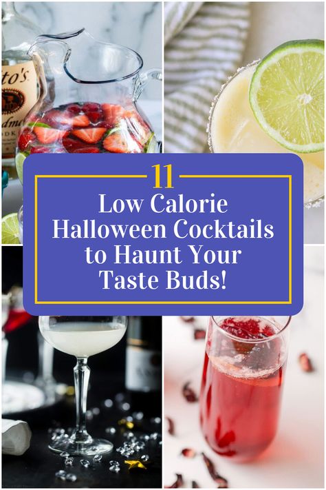 Collage of 4 low calorie halloween cocktails. Healthy Cocktails Vodka, Low Calorie Vodka Cocktails, Low Calorie Alcohol, Low Cal Drinks, Easy Halloween Cocktails, Low Cal Cocktail, Halloween Alcohol, Halloween Themed Drinks, Healthy Alcoholic Drinks