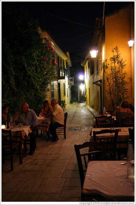 Plaka (Πλάκα), an old neighborhood in Athens, at night. Old Neighborhood, Night Photo, Photo Displays, Night Time, Athens, Patio Umbrella, At Night, Greece, The Neighbourhood