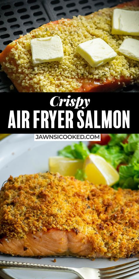 This easy and delicious Salmon air fryer recipe is ready from start to finish in 15 minutes! Coated in a honey, garlic and dijon glaze and coated in crispy seasoned panko- this Crispy Air Fryer Salmon is a delicious meal you can make any night of the week with simple ingredients! Air Fryer Salmon Crispy, Breaded Salmon Air Fryer, Air Fryer Crispy Skin Salmon Recipes, Crispy Salmon Air Fryer Recipes, Air Fry Salmon Recipes, Air Fryer Salmon Recipes With Mayo, Parmesan Salmon Air Fryer, Panko Salmon Air Fryer, Crispy Skin Salmon Air Fryer