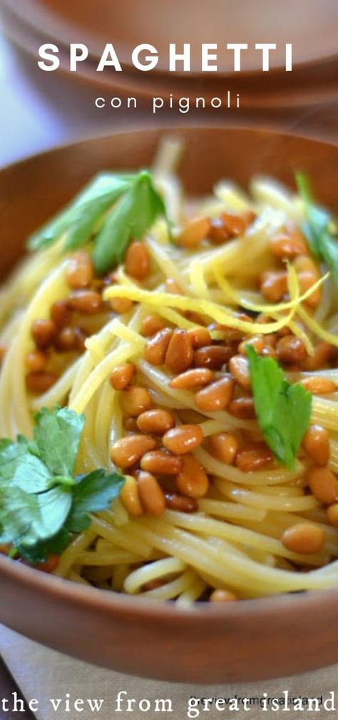 Spaghetti con Pignoli Arrosti (with Roasted Pine Nuts) #pasta #Italian #recipe #easy #meatless #vegetarian #dinner #healthy #pinenuts #mediterranean #30minute via @https://www.pinterest.com/slmoran21/ Pine Nuts Pasta, Pine Nut Recipes, Island Recipes, Sides Dishes, Quick Vegetarian Meals, Italian Recipe, Lemon Pasta, Healthier Choices, Nut Recipes