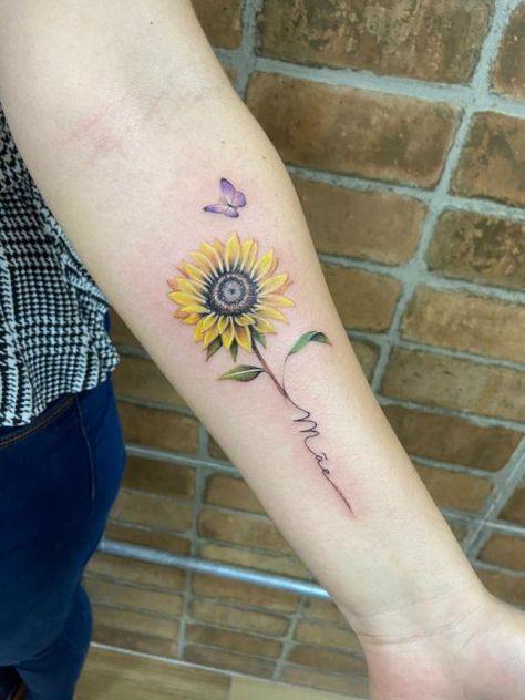 Sunflower Strength Tattoo, Sunflower And Butterfly Tattoo, Chloe Tattoo, Dumbo Tattoo, Anklet Tattoos For Women, Daisy Tattoo Designs, Butterfly Name Tattoo, Blue Butterfly Tattoo, Butterfly Tattoo On Shoulder