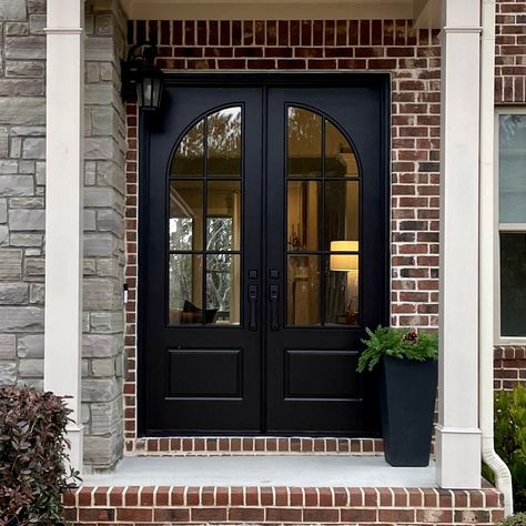 Black French Doors Front Door, Front Exterior Doors Entrance, Black Window Front Door, Full View Front Door, Dramatic Front Doors, Iron Exterior Doors, Glass Double Doors Front Entry, Black French Front Doors Entrance, Farmhouse Modern Front Door