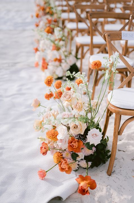 Beach Ceremony Florals, Pink And Orange Beach Wedding, Sunset Wedding Florals, Orange Ceremony Flowers, Sunrise Beach Wedding Ceremony, Beach Wedding Arch White Flowers, Mexican Flowers, Spring Pastels, Wedding Venue Decorations