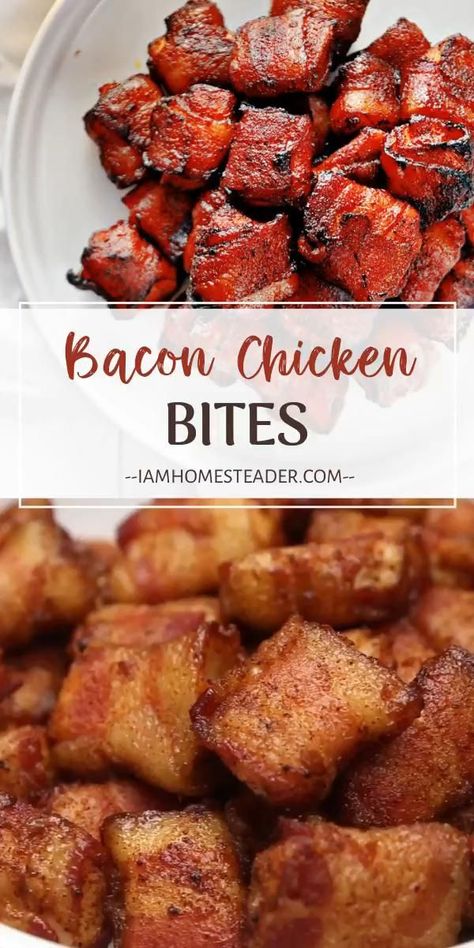 Bacon Wrapped Chicken Bites take thick cut bacon wrapped around juicy chicken bites for a perfect savory and sweet appetizer for any occasion! Baked Honey Sriracha Chicken, Bacon Chicken Bites, Bacon Wrapped Chicken Bites, Chicken Bites Recipes, Dinner Menu Ideas, Sweet Appetizer, Honey Sriracha Chicken, Bacon Chicken, Thanksgiving Menu Ideas