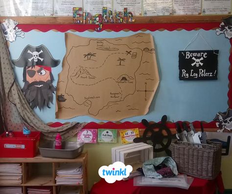 Treasure Island Pirate themed classroom display wall. Find hundreds of pirate themed teaching resources, ideas and activities at Twinkl. #treasureisland #pirate #pirateclassroom #classroom #classroomdisplay #display #displaywall #teaching #teachingresources #twinkl #twinklresources Treasure Island Classroom Theme, Island Classroom Theme, Treasure Island Decorations, Pirate Display, Pirate Crafts Preschool, Family Literacy Night Activities, Pirate Theme Classroom, Teach Like A Pirate, Pirate Classroom