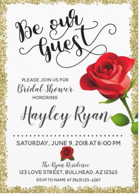 Beauty And The Beast Bridal Shower Invitations, Beauty And The Beast Bridal Shower Theme, Beauty And The Beast Bachelorette Party, Be Our Guest Bridal Shower Theme, Beauty And The Beast Bridal Shower Ideas, Be Our Guest Invitation, Red Rose Bridal Shower, Disney Themed Bridal Shower, Beauty And Beast Wedding