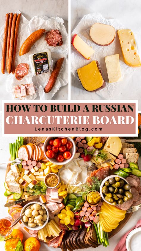 Learn How To Build A Russian Charcuterie Board using this detailed guide. The bright and hearty flavors, variety of colors, and diverse ingredients make this the ultimate crowd-pleasing snack board! Russian Charcuterie Board, Around The World Charcuterie Board, Russian Party Food, Polish Charcuterie Board, Sausage Charcuterie Board, Russian Appetizers, Russian Snacks, Graze Boards, Graze Board