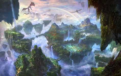 Fantasy Landscape Painting, Fonio, Waterfall Wallpaper, Rainbow Sky, Landscape Concept, Art Manga, Fantasy City, Fantasy Setting, Matte Painting