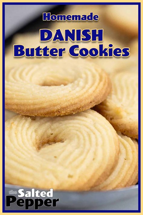 Easy homemade butter cookies using 4 basic ingredients. These are better than store-bought and beautiful on your cookie tray. They can be made ahead and frozen! Chessman Butter Cookie Recipe, Icing For Butter Cookies, Danish Cookie Recipes, Danish Shortbread Cookies, French Butter Cookies Recipes, Danish Waffles, Ajwain Cookies, Scandinavian Sweets, Danish Butter Cookies Recipe