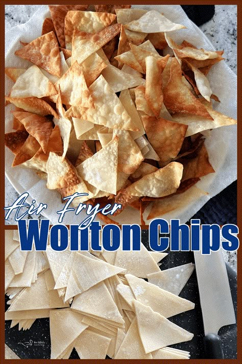 Wontons Recipes Air Fryer, Air Fry Wonton Chips, Wonton Wrapper Chips Air Fryer, Air Fried Wonton Recipes, Air Fryer Won Tons, Wonton Wrappers Air Fryer, Wonton Chips Baked, Wonton Strips Recipe, Wonton Chips In Air Fryer