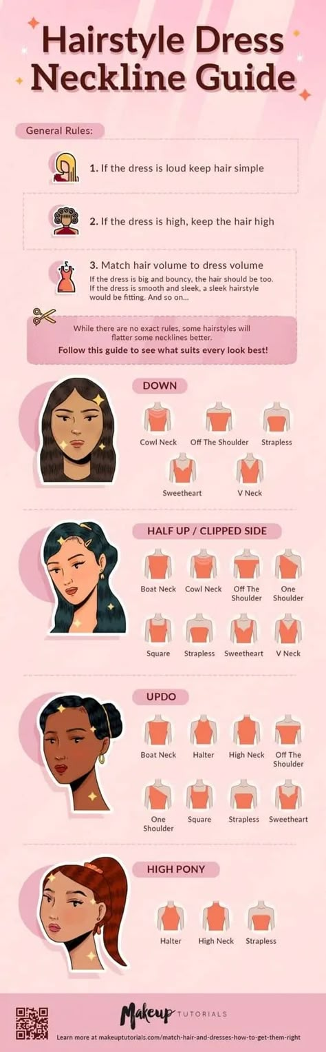 Finding your personal style takes a lot of trial and error, but fashion guides can always help. Check out these subtle tricks to get the most out of your hair and outfit. Hair Up Ideas, Neckline Guide, Outfit Sneakers, Hair Guide, Fashion Vocabulary, Dress Guide, Ideas Outfit, Sleek Hairstyles, Chic Outfit