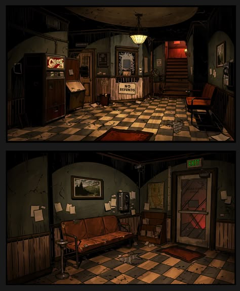 Gang Hideout Concept Art, Horror Room Concept Art, Go Home Game, Game Design Inspiration Concept Art, Apartment Concept Art, Detective Concept Art, Concept Art Room, Office Concept Art, The Wolf House