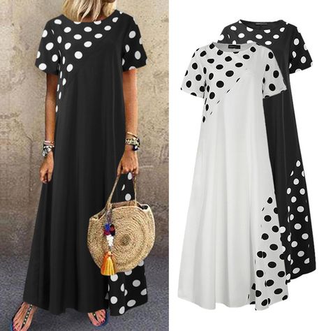 Womens Summer Polka Dot Long Dress Kaftan Short Sleeves Patchwork Casual Loose Maxi Dress Plus Size Casual Polka Dot Patchwork Dress, Summer Polka Dot Patchwork Dresses, Polka Dot Short Sleeve Beach Dress, Short Sleeve Polka Dot Maxi Dress For Beach, Polka Dot Long Dress, Maxi Dress Plus Size, Dress Kaftan, Loose Maxi Dress, Plus Size Maxi Dresses