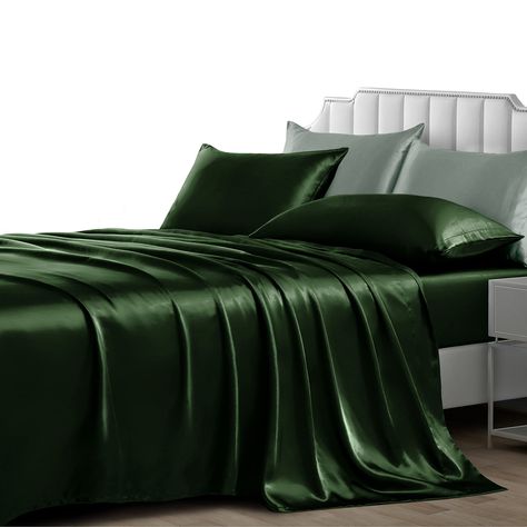 PRICES MAY VARY. ★【Luxury Queen Size Bed Sheets Set】: The satin queen size sheets set includes: 1 x Flat sheet ( 90 x 102 inch ), 1 x Fitted sheet ( 60 x 80 + 15 inch ), 2 x Envelope type Pillowcases ( 20 x 30 inch ). This fitted sheet has elastic at all corners, and it fits mattresses up to 15 inches. The fitted sheets fit your mattress perfectly without any wrinkles, making your room look more neat and elegant. ★【As Soft As Silk】：The bed sheets is made of highest quality satin fabric which is Green Silk Bed Sheets, Green Satin Sheets, Best Bed Sheets, Queen Size Sheets, Silk Sheets, Satin Sheets, King Sheets, Queen Sheets, Green Bedding