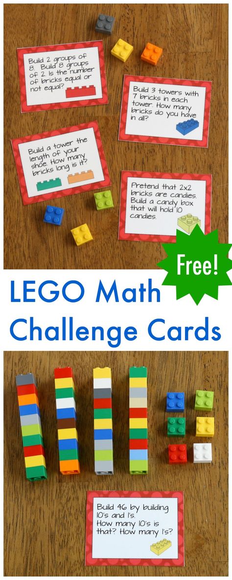 LEGO Math Printable Challenge Cards – Frugal Fun For Boys and Girls Printable Challenge, Lego Math, Lego Challenge, Free Lego, Lego Activities, Math Challenge, Math Printables, Math Methods, Homeschool Math