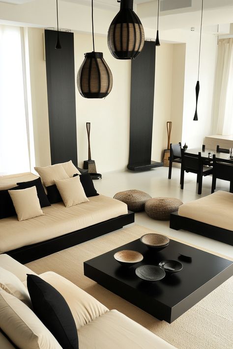 Struggling with your black and beige living room layout? Discover 20 inspiring designs that showcase different layouts, furniture arrangements, and decor ideas. Black And Charcoal Living Room, Beige Black Living Room, Black Beige Living Room, Black Boho Living Room, Beige And Black Living Room, Beige Living Room Ideas, Black Fireplace Surround, Beige Ottoman, Living Room Layouts