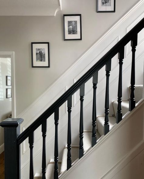 Light Staircase Ideas, Hallway Dark Bannister, Black Frames Staircase, Black Bannisters And Spindles, Farrow And Ball Off Black Staircase, Traditional Bannister, Black Banister Ideas, Ammonite Farrow And Ball Hallway, Hallway Ideas Black Bannister