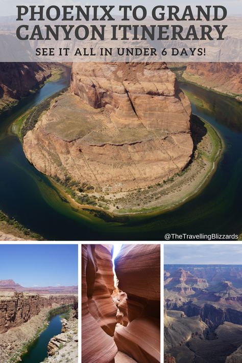 Phoenix to Grand Canyon Itinerary: See It All in Under 6 Days. A guide to planning your visit to the Grand Canyon and Page, Az! #grandcanyon #itinerary #roadtrip #unitedstatesnationalpark #horseshoebend Grand Canyon Itinerary, Trip To Grand Canyon, Slot Canyons, Arizona Road Trip, Flagstaff Arizona, Surprise Az, Camping Destinations, Usa Travel Guide, Arizona Travel