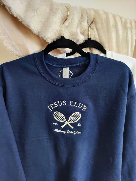 Jesus Club Embroidered Crew / Navy – Convo Collections Company Sweatshirt Ideas, Christian Embroidered Sweatshirt, Church Merch, Jesus Apparel, Cool Merch, Shirt Outfit Ideas, Christian Accessories, Jesus Clothes, Modesty Outfits