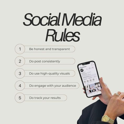 Social Media Rules 🌟 1️⃣ Be honest and transparent 2️⃣ Post consistently 3️⃣ Use high-quality visuals 4️⃣ Engage with your audience 5️⃣ Track your results Follow these guidelines to build trust, grow your community, and achieve success on social media! #instagramtipsforbusiness #instagramstrategy #instagramgrowth #socialmediatips #socialmediagrowth #contentcreation #smallbusiness #smallbusinesstips #smallbusinessowner #socialmediamanager #instagramforsmallbusiness #howtogrowyourinstagra... Strong Branding, Social Media Content Strategy, Instagram Marketing Strategy, Social Media Strategist, Social Media Help, Online Digital Marketing, Business Content, Social Media Marketing Content, Instagram Strategy