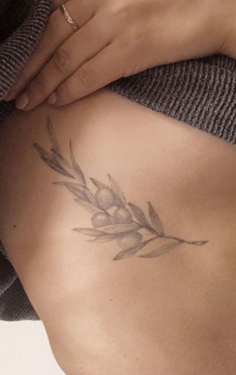 Olive Branch Tattoo Ribs, Olive Branch Tattoo Collar Bone, Tree Tattoo Side, Olive Tree Tattoos, Olive Tattoo, Tree Branch Tattoo, Olive Branch Tattoo, Cute Tats, Branch Tattoo