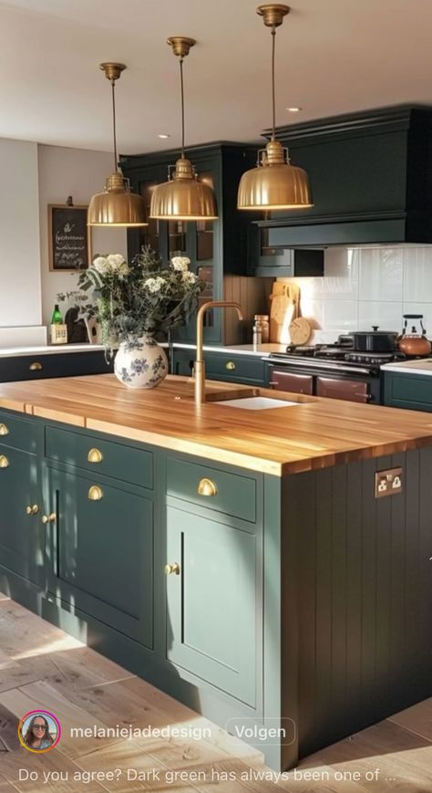 Dark Green Kitchen With Butcher Block, Dark Green Cabinets Butcher Block, Green Kitchen Dark Wood, Green Kitchen With Butcher Block, Green Kitchen Butcher Block, Green Cabinets Butcher Block, Moody Green Kitchen, Giant Greenhouse, Green Kitchen Cupboards