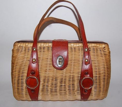 Basket Purse, Wicker Purse, Straw Handbags, Vintage Baskets, Straw Bags, Vintage Things, Wicker Basket, Leather Accents, Red Riding Hood