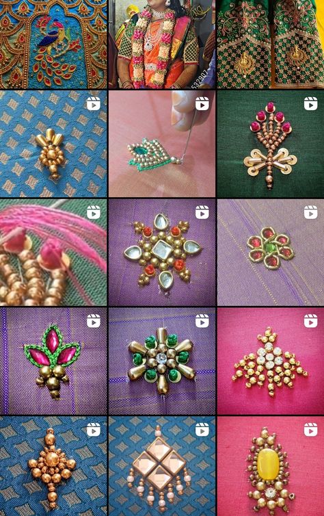 Aari Bead Buttas, Kundan Hand Embroidery, Buttas Blouse Design, Aari Work Butti Design, Aari Work Pattern Design, Aari Work Flower Design Blouse, Aari Buttas Design, Simple Aari Puttas, Buttas In Aari Work Blouse