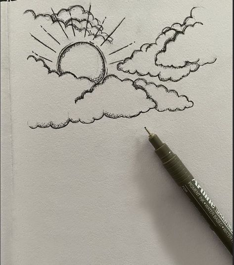 Interesting Pictures Art, Aestethic Sketch, Rapidgraphy Art, Drawings Of Clouds, Easy Art To Draw, Drawing Of Sun, Drawing Ideas For Adults, Landscape Pencil Drawings Easy, Sun And Clouds Drawing