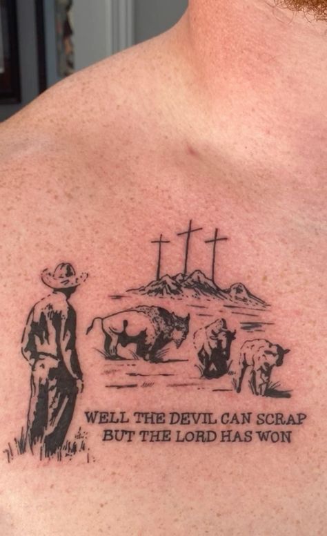 Zach Bryan Album Cover Tattoo, Cowboy Tattoo Aesthetic, Western God Tattoos, Gods Country Tattoo, Sick Thigh Tattoos, Three Crosses On A Hill Tattoo, Western Symbols Tattoo, Masculine Small Tattoos, Zach Bryan Tattoos For Men