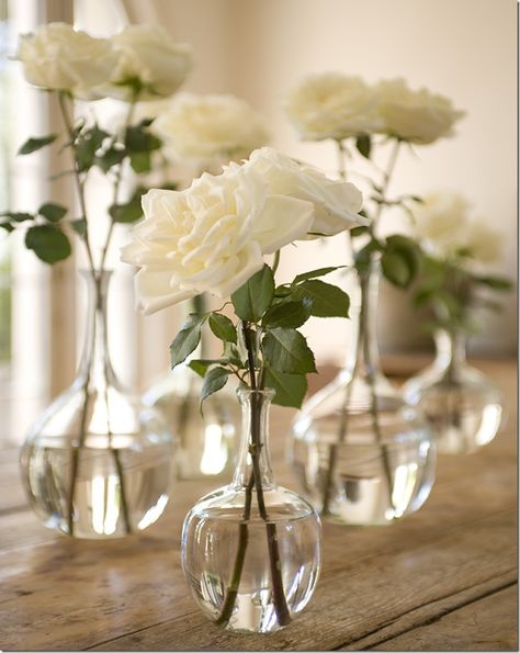 The cocktail tables will have clear glass bud vases with ivory spray roses Clear Vases, Rose Centerpieces, 1st Communion, Memory Crafts, Valentines Roses, Wedding Vases, Wedding Table Decorations, Deco Floral, Vase Centerpieces